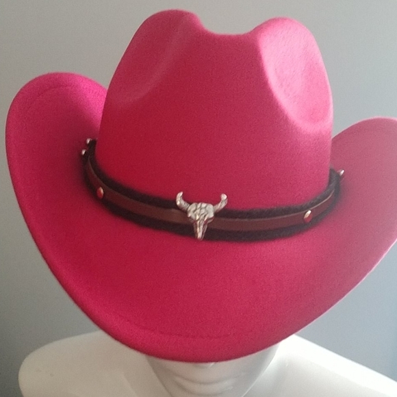 New Pink Unisex Western Cowboy Outback Boho Hat with Steer Head Tie Band - Picture 5 of 13